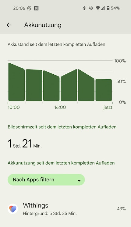 Im Alltag verbraucht die Withings-App im Hintergrund 40 bis 50 Prozent des Akkus.