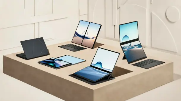 Das Zenbook 14 Duo von 2024 in verschiedenen Nutzungsvarianten.