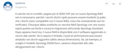 L'utente systeme mi fa notare che è possibile risparmiare sui costi migrando i dischi rigidi su un nuovo modello Synology.
