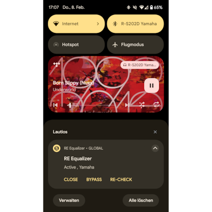 Du musst den RE Equalizer FX selber starten, danach läuft er im Hintergrund (direkter Hintergrundstart ohne Öffnen der App in den Optionen aktivierbar) und ist mit einem Icon stets in der Statusleiste sichtbar. Dort gibt es auch Schnelleinstellungen.