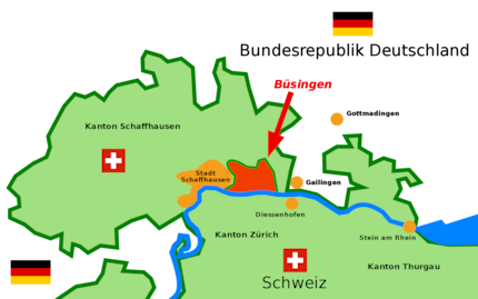 Büsingen wird als Zeitzonenauwahl angeboten, obschon es sich dabei um eine deutsche Enklave handelt.