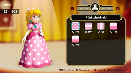 Prinzessin Peach lässt sich mit gesammelten Münzen neu einkleiden. Neben diesen rosa Versionen gibt es auch ein paar schmucke Überraschungen, die ich dir nicht verrate.
