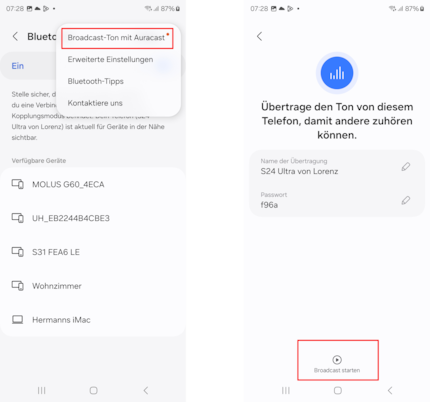 Samsungs S24 erlauben es dir bereits, eigene Auracasts zu starten. Ab Android 15 soll nativer Support kommen.