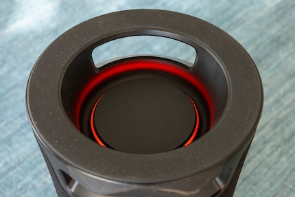 The passive radiators are upright, located at the top and bottom and adorned with RGB lighting.