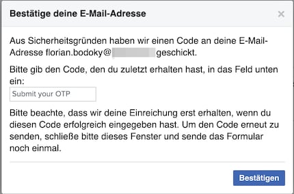 In diesem Pop-up gibst du den Code ein, den Meta dir sendet.
