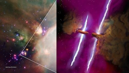 Il sistema WL20 nella costellazione del Portatore di SerpenteA sinistra, l'ambiente intorno alla stella Rho Ophiuchi nella costellazione del Serpente Portatore è mostrato nel vicino infrarosso; a destra, il sistema di stelle doppie WL20 è illustrato in una rappresentazione artistica. Entrambe le stelle sono circondate da densi dischi di gas e polvere, i dischi di accrescimento. Entrambe le componenti del sistema emettono getti di gas caldo attraverso i poli. I pianeti potrebbero un giorno formarsi nei dischi.