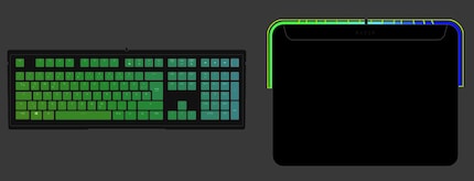 In the Synapse configuration app, the mouse pad’s lighting zones are clearly displayed (right).