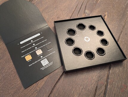 Das Sizing Kit zeigt auch die drei Farbvarianten des Rings.
