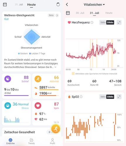 Die Übersichtsseite der App (links) und eines der Untermenüs mit allen Details zum Tracking.