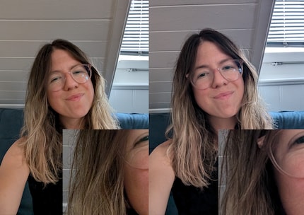 Ein Selfie, links mit dem Google Pixel 9 Pro, und rechts mit dem Google Pixel 8.