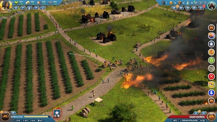 En faisant défiler la carte, je peux voir les habitants. Tout est en feu et mes catapultes bombardent les ennemis dans la région voisine.