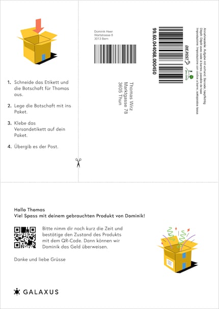 Dominik verschickt ein Secondhand-Produkt an Thomas und verwendet dabei die neue Etikette (oben im Bild). Auch die Paketbeilage ist schon vorbereitet und muss nur noch ausgedruckt werden (unten im Bild).