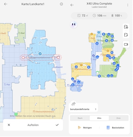 You can easily edit the maps (left). You can also always see where the robot has cleaned and where obstacles have appeared.
