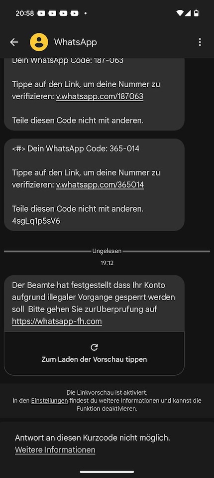 Screenshot della cronologia della chat: il messaggio sottostante è un tentativo di phishing.