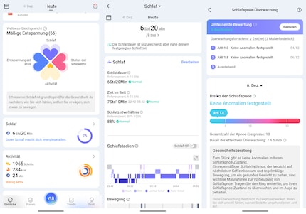 Tre viste dell'app (da sinistra): pagina iniziale con bilancio del benessere, misurazione del sonno e dell'apnea.