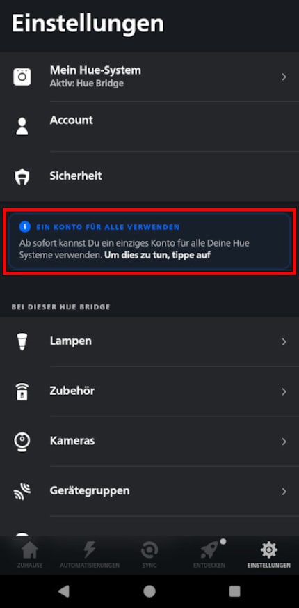 Über den blauen umrahmten Banner unter Einstellung startest du die Multi-Bridge-Einrichtung.