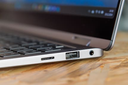 There’s a microSD card reader, a USB-A port and a jack on the right-hand side.