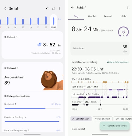 Il tracciamento del sonno dell'anello a sinistra e dello smartwatch a destra.