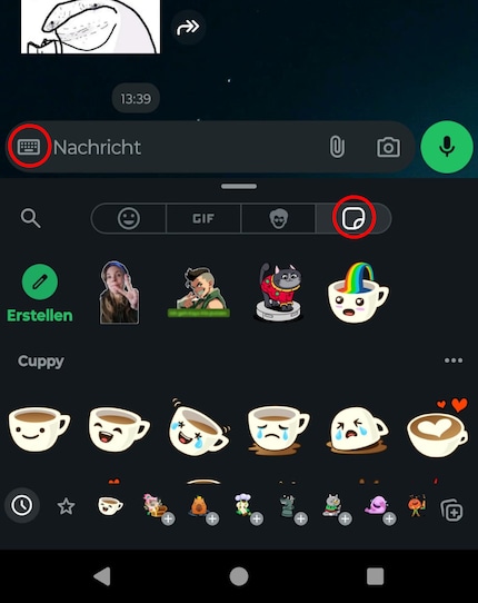 Die Sticker findest du in einem Untermenü neben der Chatzeile.