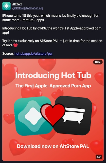 C'est ainsi qu'AltStore fait la promotion de sa nouvelle application sur la plateforme de médias sociaux Mastodon.