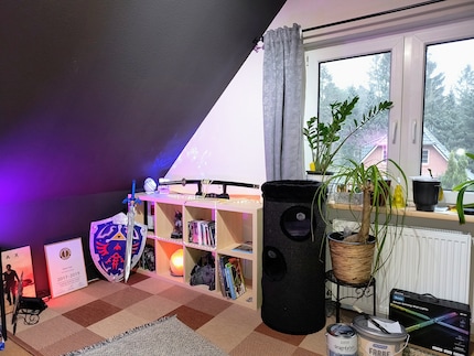 Prima: lo scaffale illuminato da luci RGB fa da sfondo della webcam la sera.