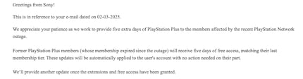 L'utilisateur Reddit InfiniteTurnover1 a reçu un mail d'information de Sony concernant l'indemnisation suite à la panne du PSN.