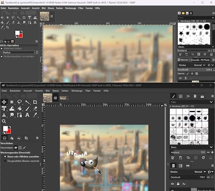 Gimp 2.10 (moitié supérieure de l'image) par rapport à Gimp 3.0 (moitié inférieure).