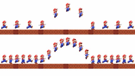 Avec un Mario qui saute, le constructeur vante les avantages d’un taux de rafraîchissement élevé (en bas) par rapport à un taux de rafraîchissement faible (en haut) dans le Nintendo Direct.