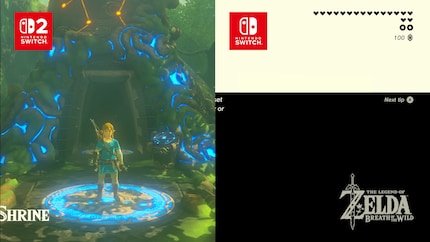 Alors que Link est déjà prêt sur la Switch 2 (à gauche), il charge encore sur la Switch 1 (à droite) après le voyage rapide.