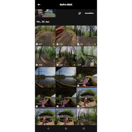 Die Quik-App zeigt Vorschauen für gefundene Videos und Fotos. 360-Grad-Aufnahmen sind mit dem Weltkugel-Symbol markiert.