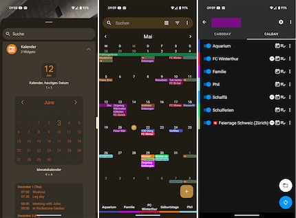 Simple Calendar hat ein schlichtes Design, das sich auf vielfältige Weise anpassen lässt. Die Ksync-App (rechts) ist bei Android nötig für die Synchronisation.