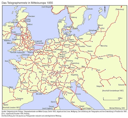 Da ging es erst richtig los: europäisches Telegrafennetz 1855.