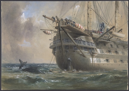 H.M.S. Agamemnon 1858 beim Verlegen von Unterseekabel, Gemälde von Robert Charles Dudley, 1866