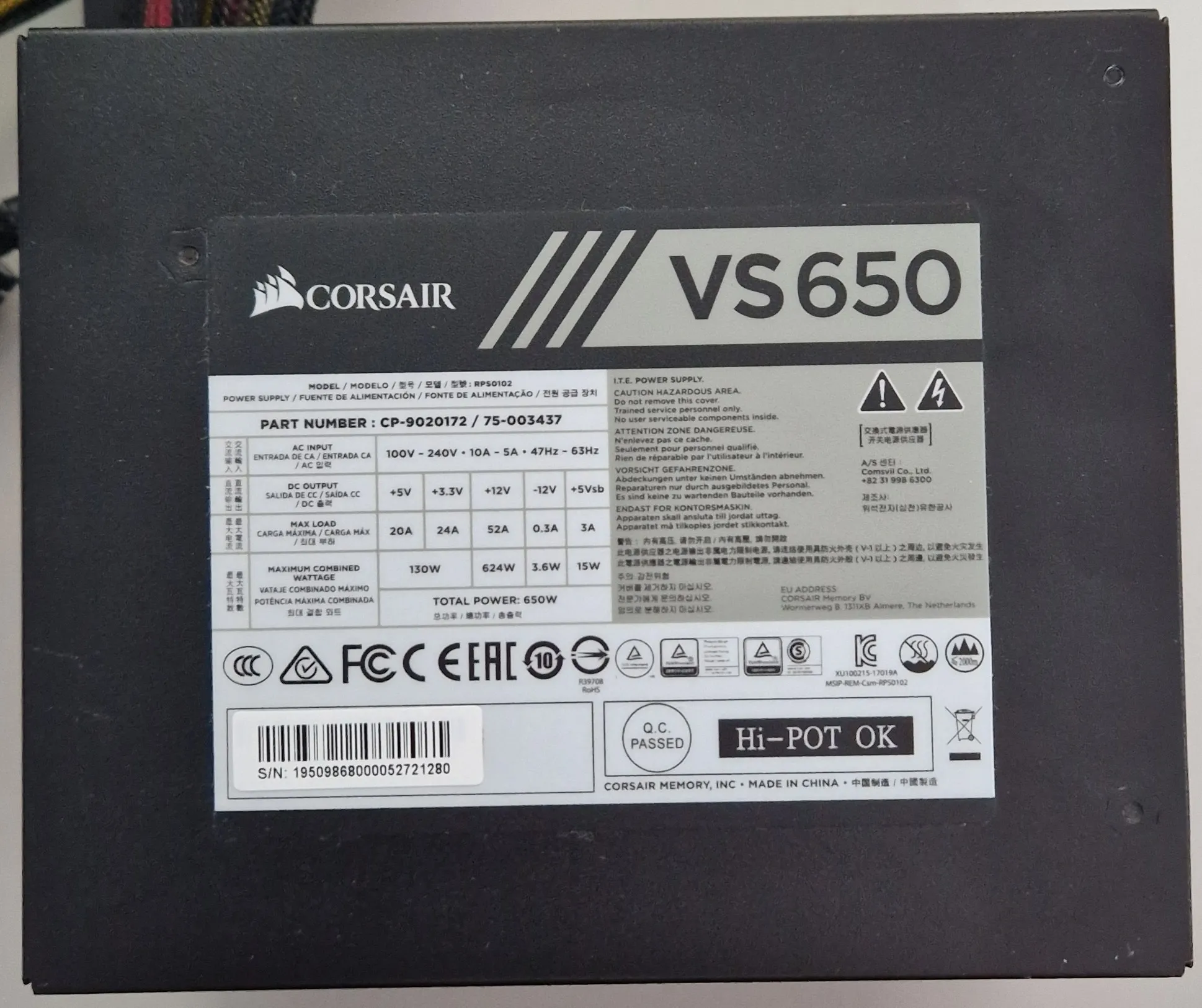 Immagine prodotto Corsair Vs650 2018 (650 W)