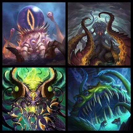 Von oben links, nach unten rechts: C’Thun, N’Zoth, Y’Shaarj und Yogg-Saron.