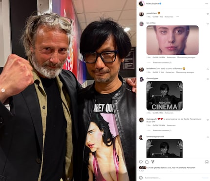 Die Schauspielerin auf dem Shirt von Kojima ist Margaret Qualley, die in «Death Stranding» ebenfalls eine Rolle spielt.