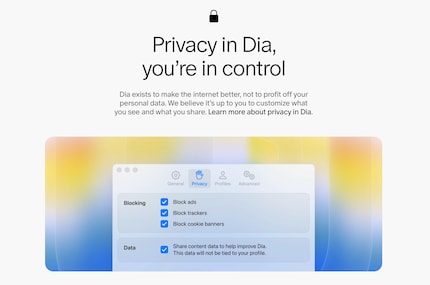 Il browser Dia pubblicizza sia l'IA che le caratteristiche di privacy