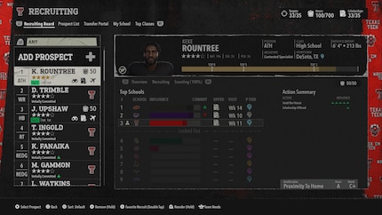 Auf dem Recruiting-Board befinden sich die High-School-Spieler, an denen ich interessiert bin. Keke Rountree werde ich wohl nicht als Commit bekommen.