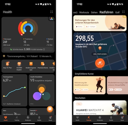 Die Startseite von Huawei Health (links) und die wenig hilfreiche Trainigsübersicht (links).