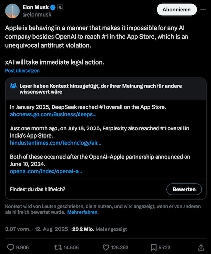 Musk fires back at Apple on X, but is immediately corrected by Community notes.