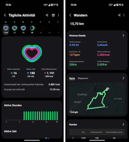 Samsung Health zeigt Aktivitäten an.
