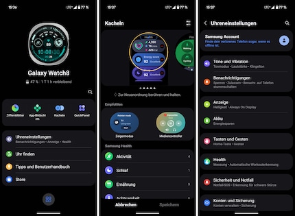 Samsung Wear mit zahlreichen Einstellungsoptionen für die Galaxy Watch 8.