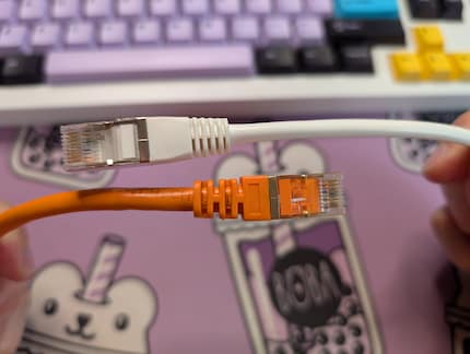 Das orange Cat-7-Kabel ist etwas dicker. Je nach Länge tun es aber auch noch Cat 6 für 10 Gbit/s.