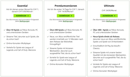Die Leistungsübersicht der verschiedenen Xbox Game Pass Abos.