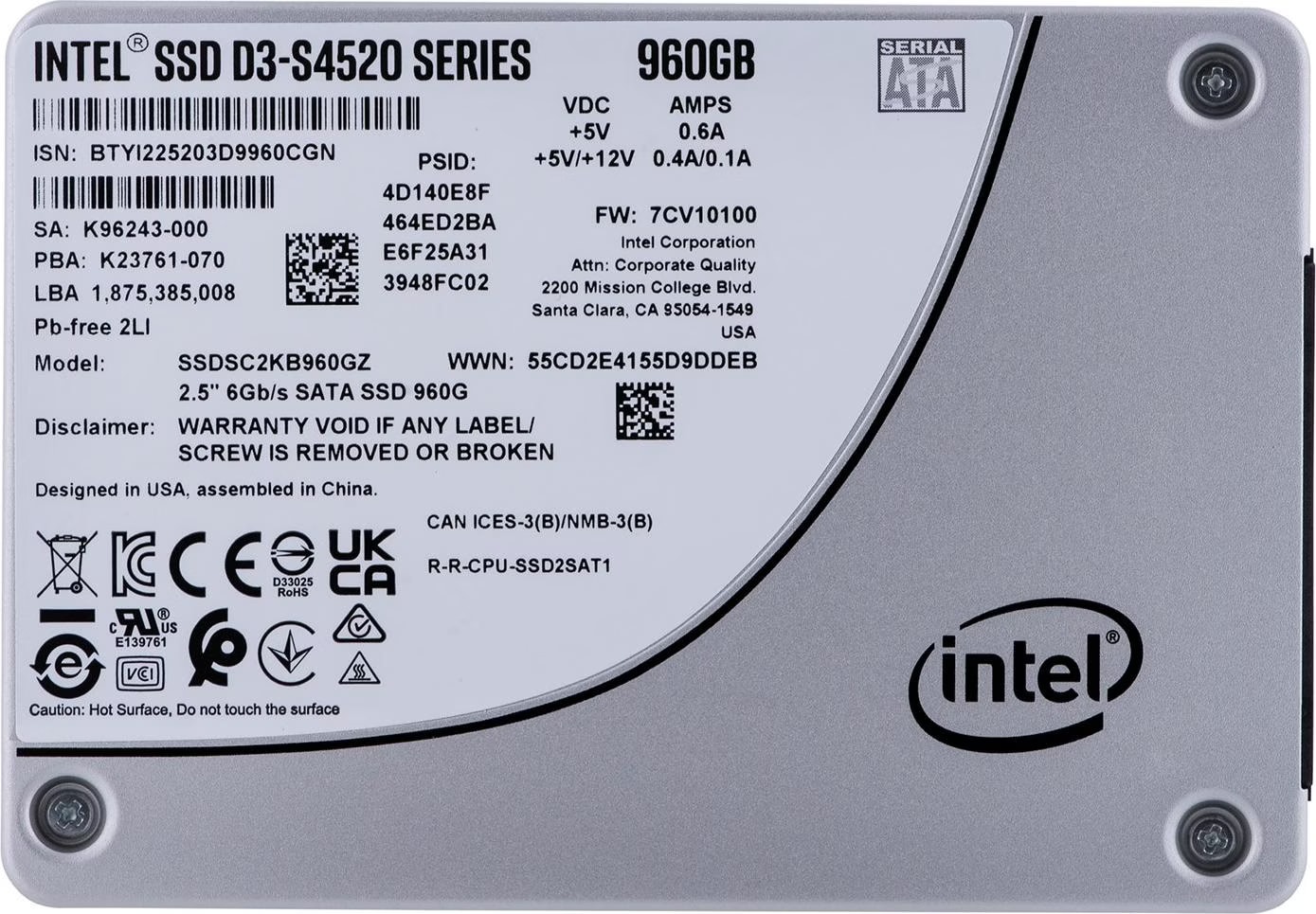 Intel S4520 Ssd Intel 960gb Intel D3-S4520 960 GB ソリッドステート