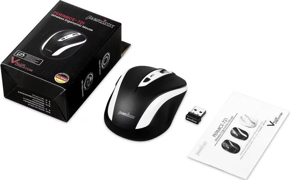 Perixx PERIMICE-721 - Mouse ergonomico senza fili, design ottico a 5 pulsanti, compatibile per PC desktop e portatili, 2,4 GHz, colore: Bianco e Nero