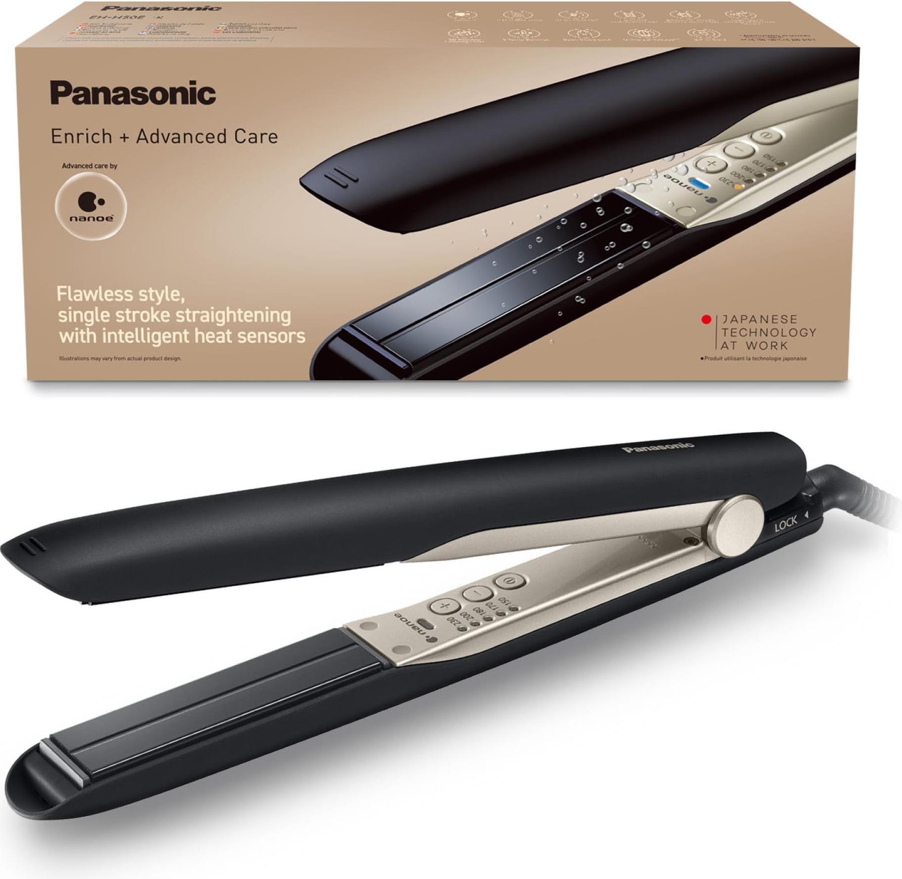 Panasonic Hair straightening tongs EH HS0E K825 Nanoe Number of temperature settings 5 Ionic function Temper Straightening iron Digitec