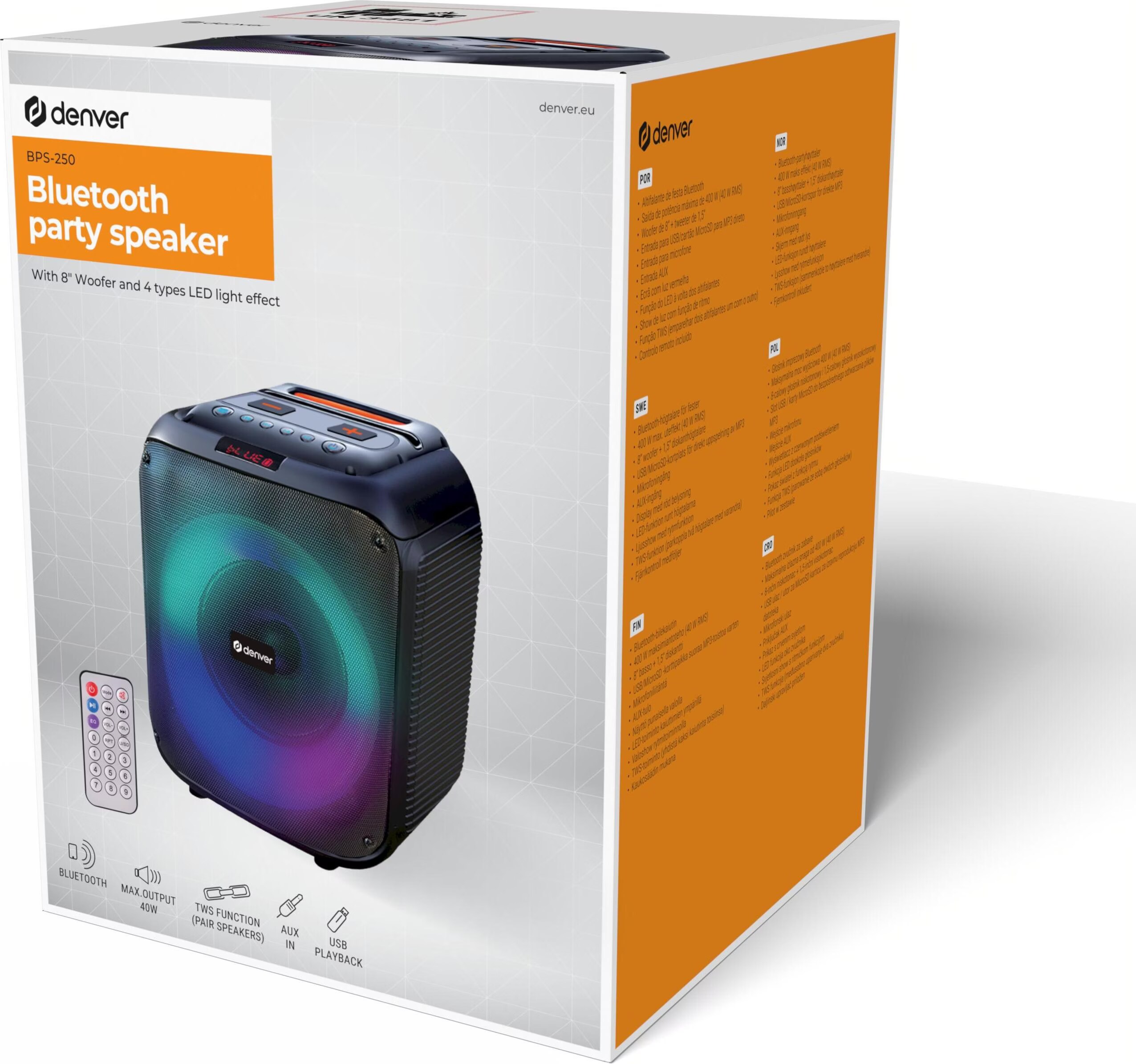 Denver BPS-165 Cassa Bluetooth Portatile 200W – Con Luci LED, Woofer 6,5", Ingresso Microfono, Karaoke, USB, MicroSD, TWS, Batteria Integrata, Nera - 3