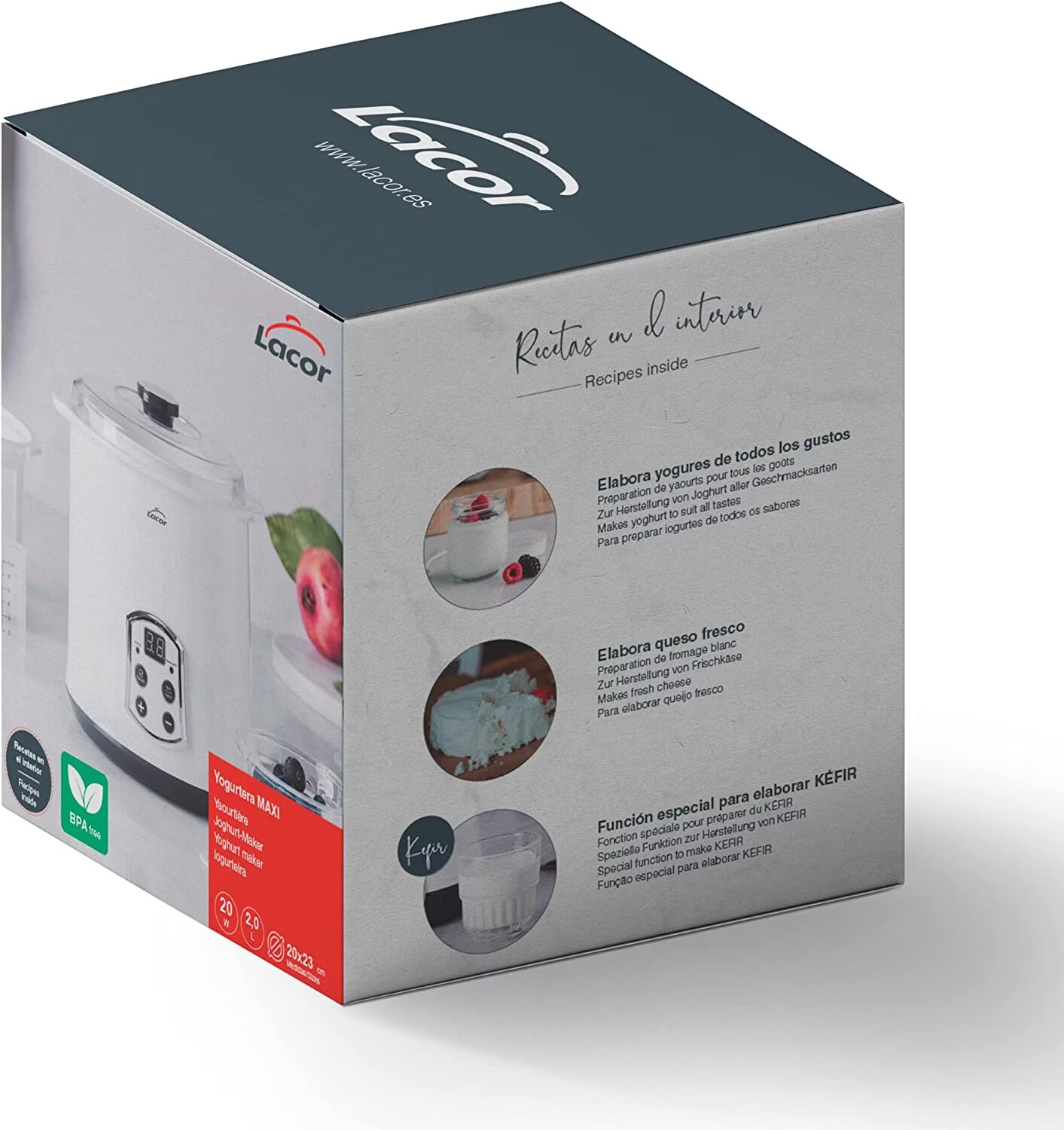 Lacor - 69243 - Yogurtera Maxi supersilenciosa, Ideal para hacer Kéfir, Yogur Griego y Queso Fresco, Con Temporizador 48 horas, Pantalla LED, Capacidad: 2L, 20 x 23 cm, Blanco