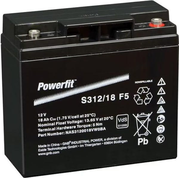 Exide Rechargeable battery, lead acid, 12V, 18Ah, screw terminal, M5